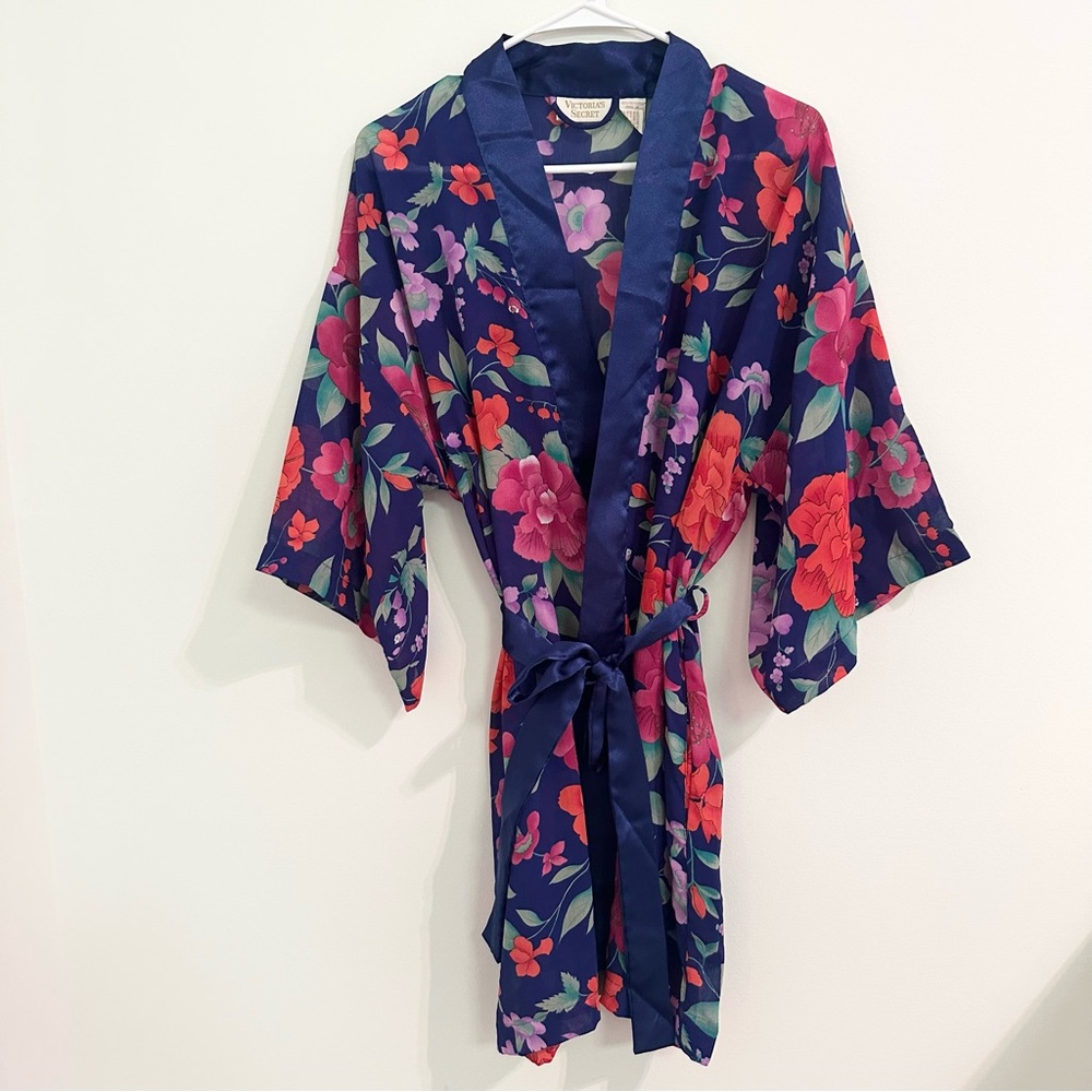 Vintage Victoria's Secret Gold Label Navy Floral Tie Waist Sheer Robe Women's OS